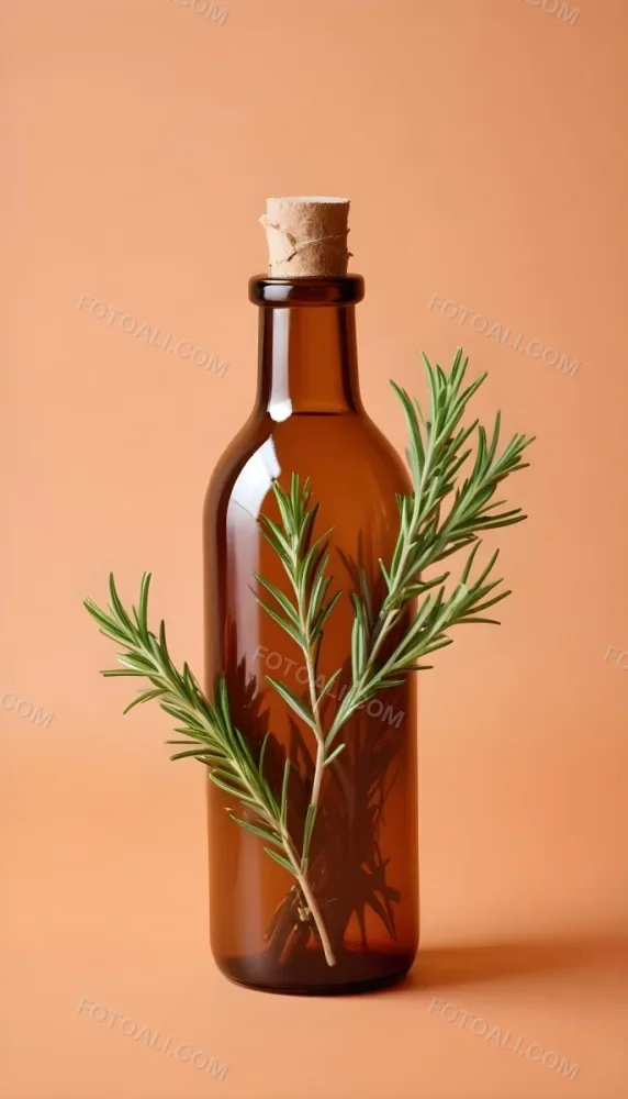 A Brown Glass Bottle With A Sprig Of Rosemary Next To It On A Plain Light Orange Background 7 E499