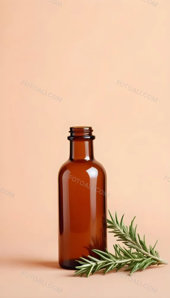 A Brown Glass Bottle With A Sprig Of Rosemary Next To It On A Plain Light Orange Background 8 Db15