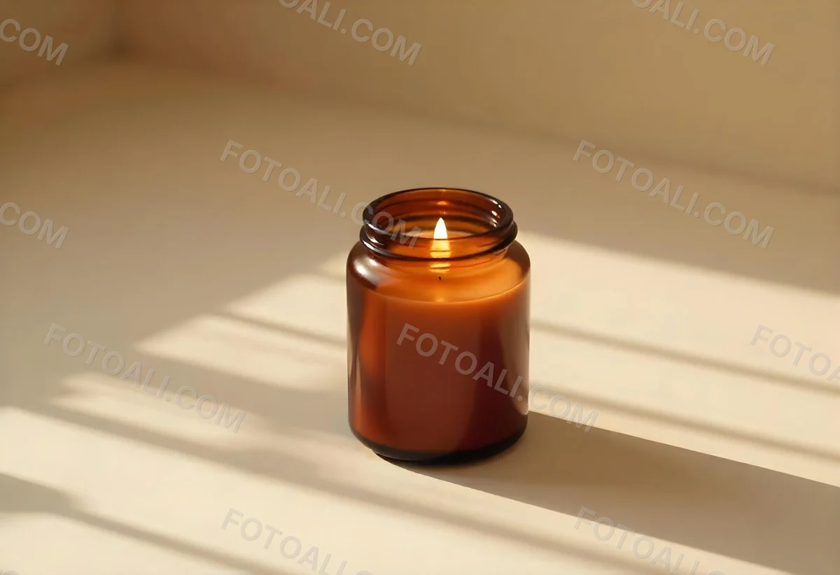 A Brown Glass Jar Candle With A Flickering Flame Casting Soft Shadows On A Neutral Surface Minimalist Aesthetic Warm Lighting Simple Composition Cozy Atmosphere 11 83af