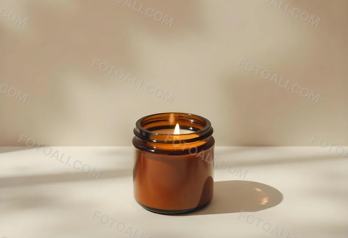 A Brown Glass Jar Candle With A Flickering Flame Casting Soft Shadows On A Neutral Surface Minimalist Aesthetic Warm Lighting Simple Composition Cozy Atmosphere 12 6415