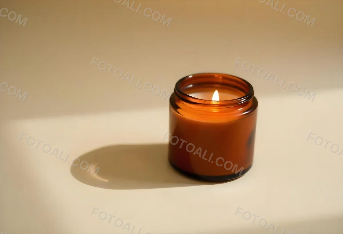 A Brown Glass Jar Candle With A Flickering Flame Casting Soft Shadows On A Neutral Surface Minimalist Aesthetic Warm Lighting Simple Composition Cozy Atmosphere 13 6298