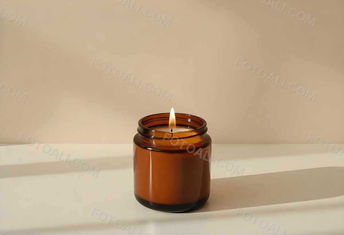 A Brown Glass Jar Candle With A Flickering Flame Casting Soft Shadows On A Neutral Surface Minimalist Aesthetic Warm Lighting Simple Composition Cozy Atmosphere 16 4e30