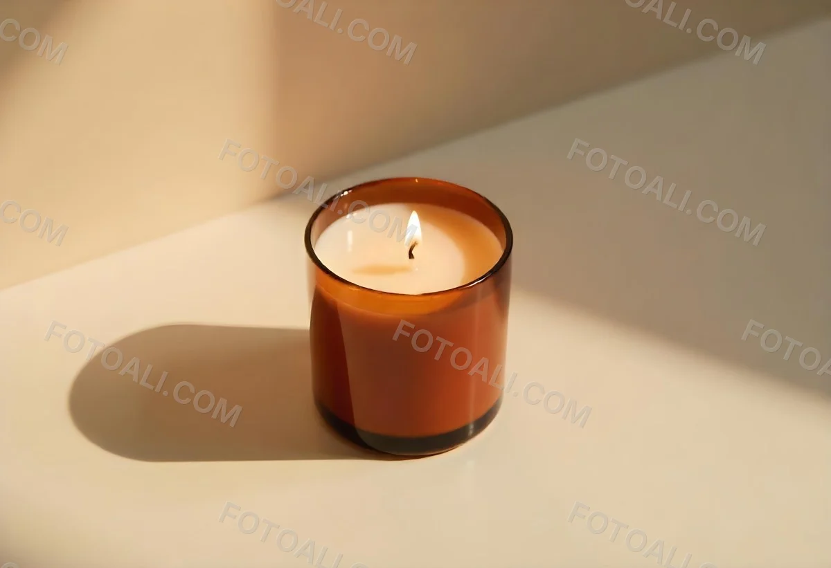 A Brown Glass Jar Candle With A Flickering Flame Casting Soft Shadows On A Neutral Surface Minimalist Aesthetic Warm Lighting Simple Composition Cozy Atmosphere 17 2c39