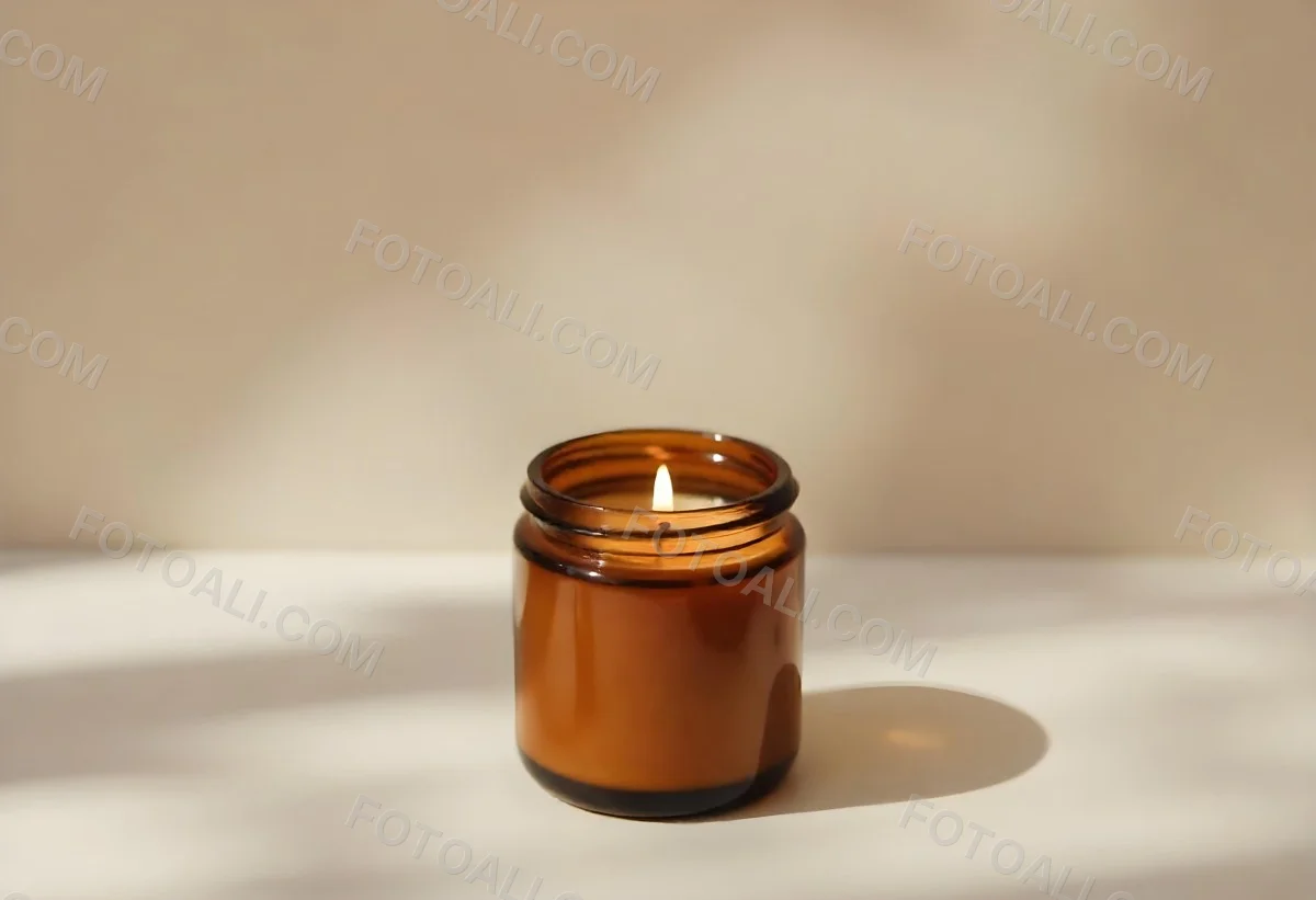 A Brown Glass Jar Candle With A Flickering Flame Casting Soft Shadows On A Neutral Surface Minimalist Aesthetic Warm Lighting Simple Composition Cozy Atmosphere 2 7437