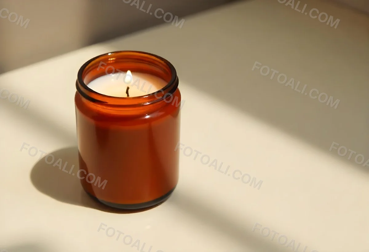 A Brown Glass Jar Candle With A Flickering Flame Casting Soft Shadows On A Neutral Surface Minimalist Aesthetic Warm Lighting Simple Composition Cozy Atmosphere 23 25f2