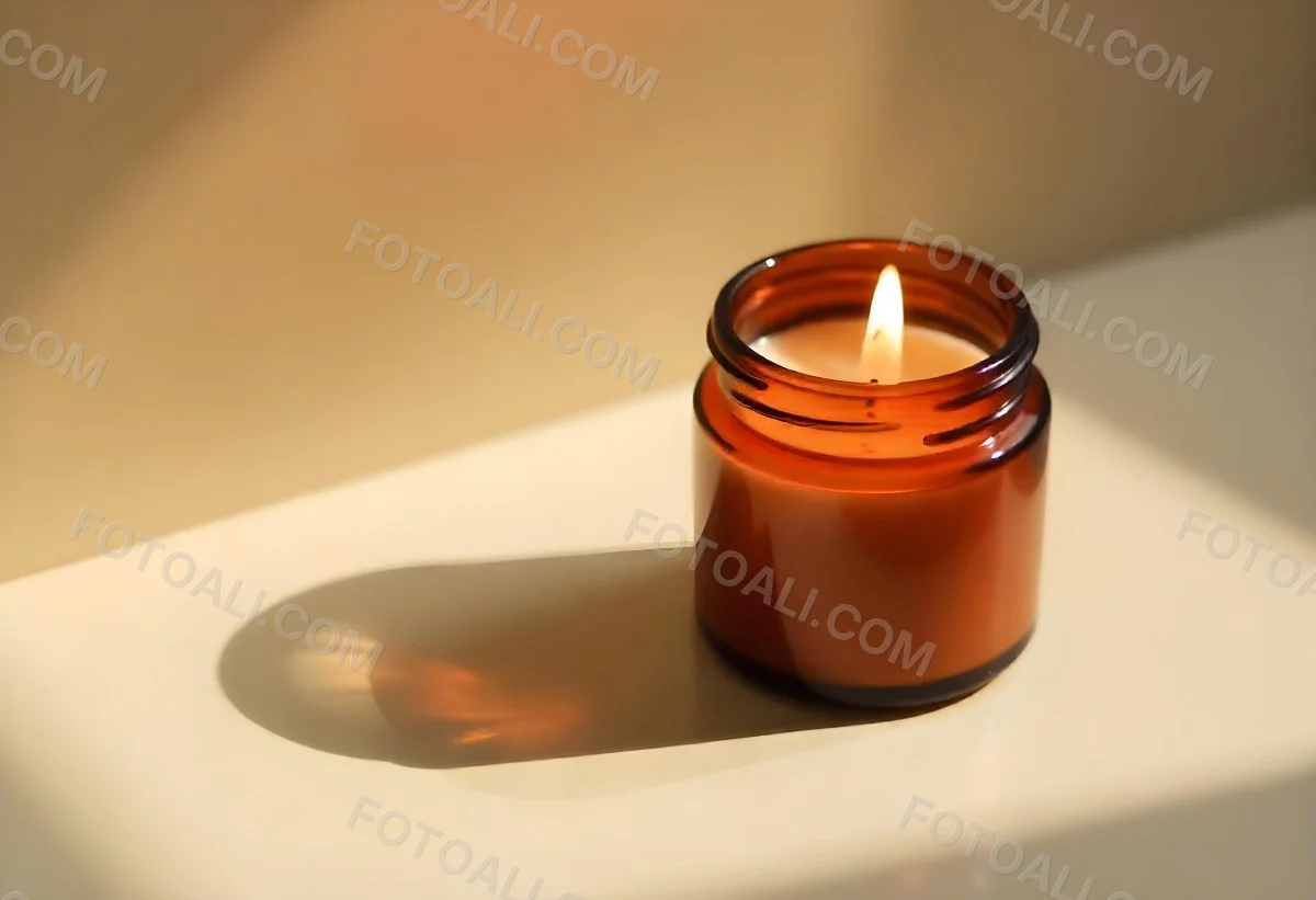 A Brown Glass Jar Candle With A Flickering Flame Casting Soft Shadows On A Neutral Surface Minimalist Aesthetic Warm Lighting Simple Composition Cozy Atmosphere 25 Dad7