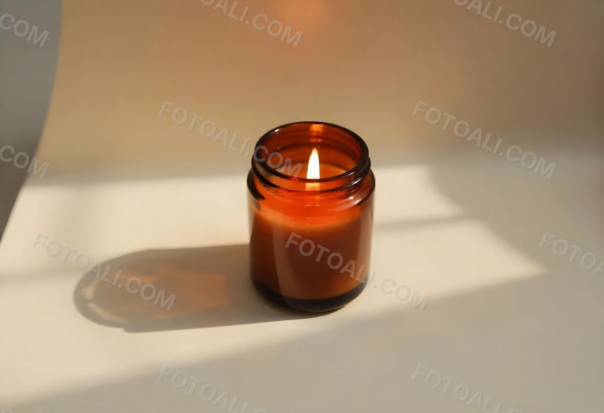 A Brown Glass Jar Candle With A Flickering Flame Casting Soft Shadows On A Neutral Surface Minimalist Aesthetic Warm Lighting Simple Composition Cozy Atmosphere 26 6fe2