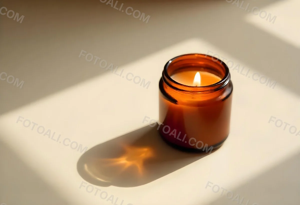 A Brown Glass Jar Candle With A Flickering Flame Casting Soft Shadows On A Neutral Surface Minimalist Aesthetic Warm Lighting Simple Composition Cozy Atmosphere 28 3547