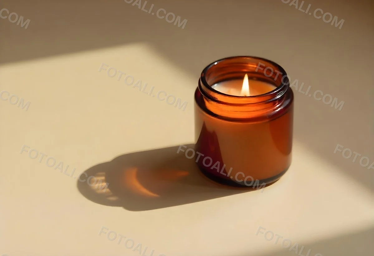 A Brown Glass Jar Candle With A Flickering Flame Casting Soft Shadows On A Neutral Surface Minimalist Aesthetic Warm Lighting Simple Composition Cozy Atmosphere 29 5261