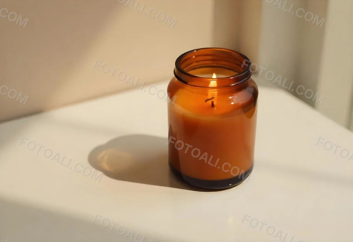 A Brown Glass Jar Candle With A Flickering Flame Casting Soft Shadows On A Neutral Surface Minimalist Aesthetic Warm Lighting Simple Composition Cozy Atmosphere 3 D381