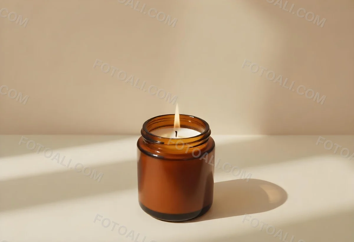A Brown Glass Jar Candle With A Flickering Flame Casting Soft Shadows On A Neutral Surface Minimalist Aesthetic Warm Lighting Simple Composition Cozy Atmosphere 4 8388