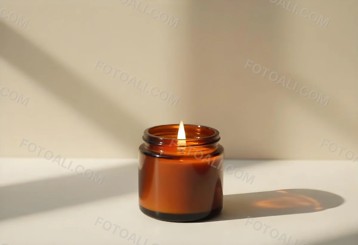A Brown Glass Jar Candle With A Flickering Flame Casting Soft Shadows On A Neutral Surface Minimalist Aesthetic Warm Lighting Simple Composition Cozy Atmosphere 6 94c0