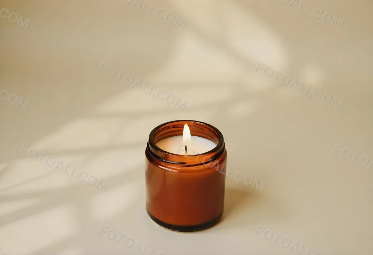 A Brown Glass Jar Candle With A Flickering Flame Casting Soft Shadows On A Neutral Surface Minimalist Aesthetic Warm Lighting Simple Composition Cozy Atmosphere 8 3005