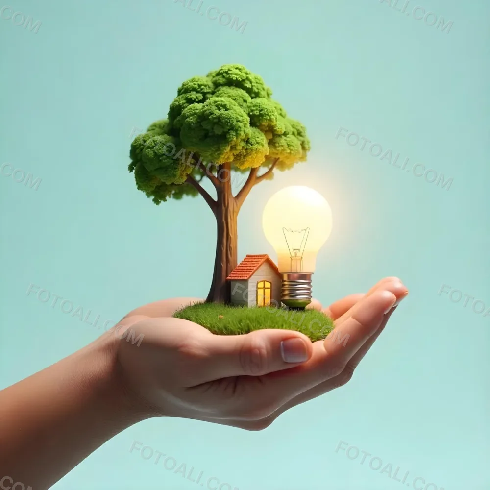 A Brown Hand Holding A Light Bulb With A Tree A House And Grass Inside The Background Is A Light Blue Sky 28 5aad
