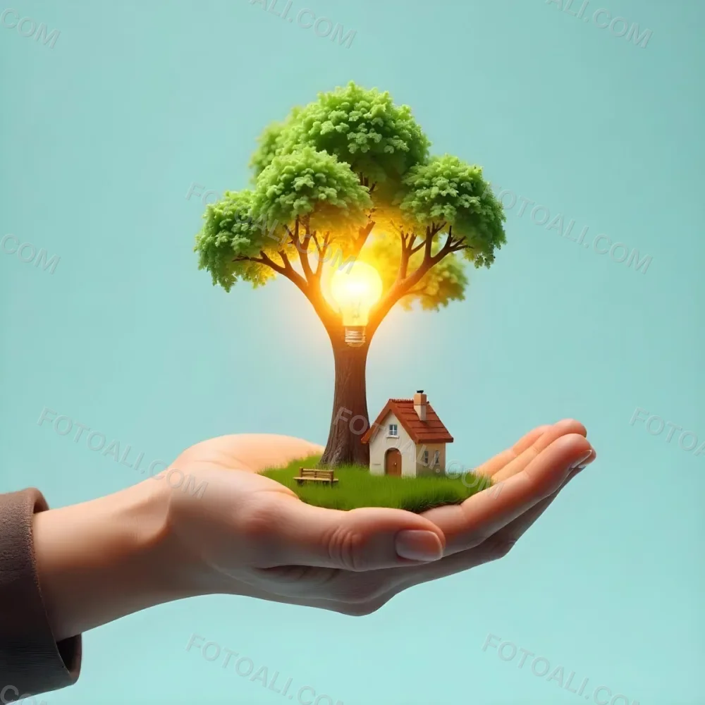 A Brown Hand Holding A Light Bulb With A Tree A House And Grass Inside The Background Is A Light Blue Sky 34 Ff51