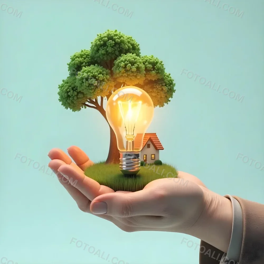A Brown Hand Holding A Light Bulb With A Tree A House And Grass Inside The Background Is A Light Blue Sky 41 Fd7d