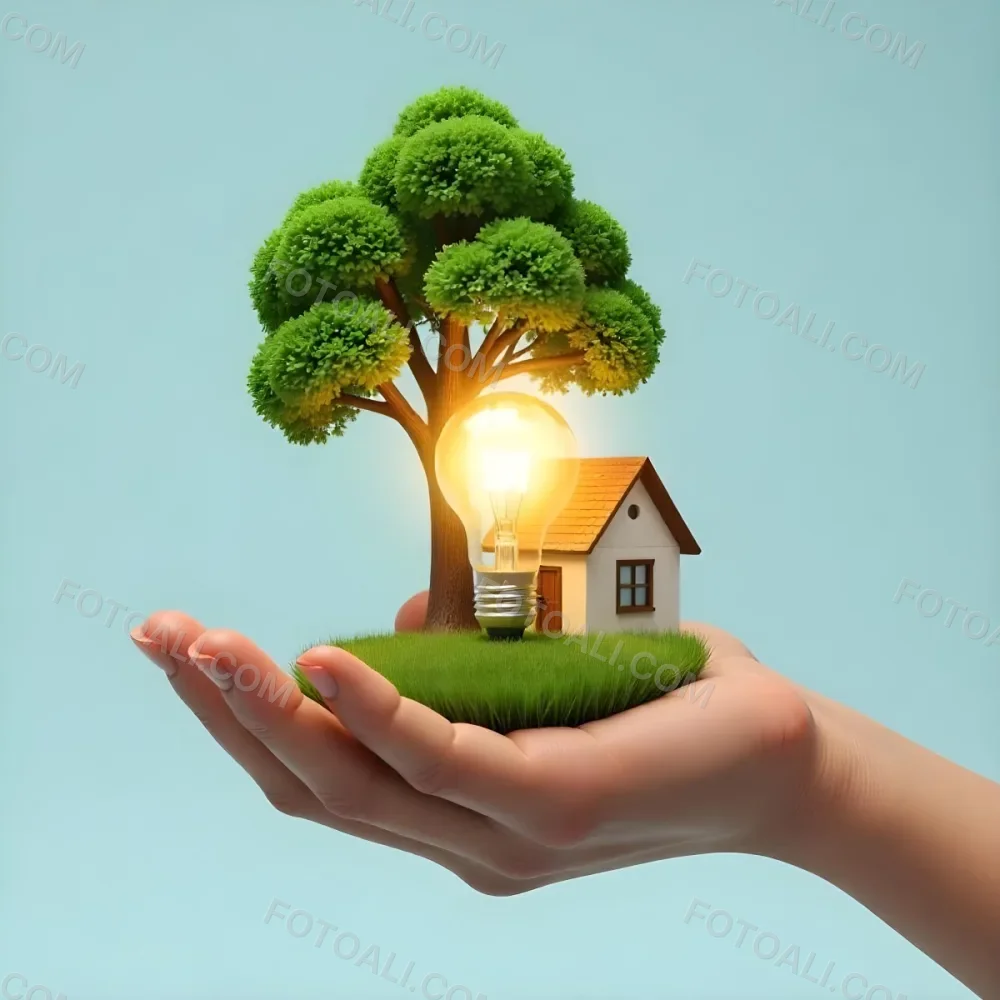 A Brown Hand Holding A Light Bulb With A Tree A House And Grass Inside The Background Is A Light Blue Sky 43 35dd