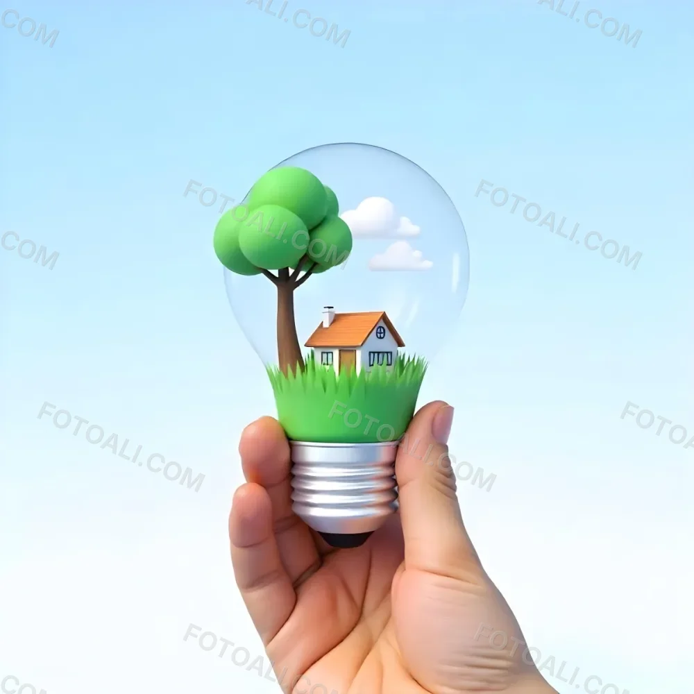A Brown Hand Holding A Light Bulb With A Tree A House And Grass Inside The Background Is A Light Blue Sky 44 156d