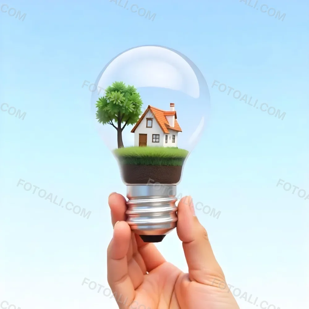 A Brown Hand Holding A Light Bulb With A Tree A House And Grass Inside The Background Is A Light Blue Sky 5 2c5a