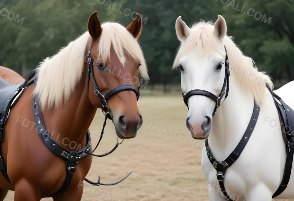 A Brown Horse With A Black Mane And Tail Wearing A Harness And Looking Directly At The Camera A White Horse With A Blonde Mane Wearing A Saddle 17 1f74