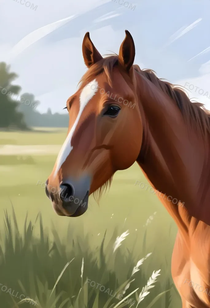 A Brown Horse With A White Blaze On Its Face Standing In A Grassy Field 6 31f3