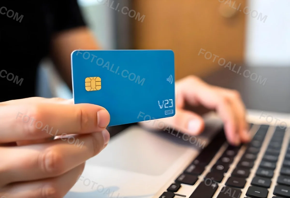 A Brown Skin Hand Holding A Blue Credit Card Over A Laptop The Background Is Blurred And Looks Like An Office 11 3ab1