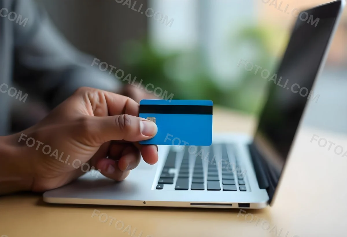 A Brown Skin Hand Holding A Blue Credit Card Over A Laptop The Background Is Blurred And Looks Like An Office 13 1b91