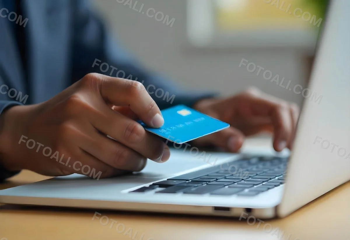 A Brown Skin Hand Holding A Blue Credit Card Over A Laptop The Background Is Blurred And Looks Like An Office 17 78c2