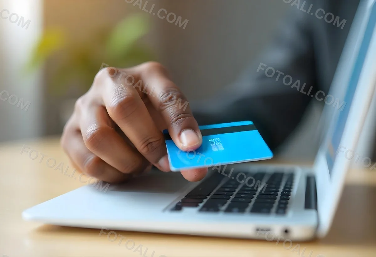 A Brown Skin Hand Holding A Blue Credit Card Over A Laptop The Background Is Blurred And Looks Like An Office 7 A2b3