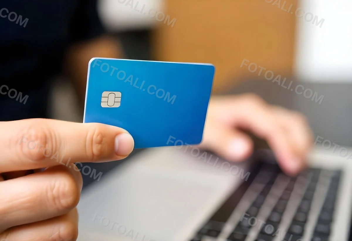 A Brown Skin Hand Holding A Blue Credit Card Over A Laptop The Background Is Blurred And Looks Like An Office 8 9f23