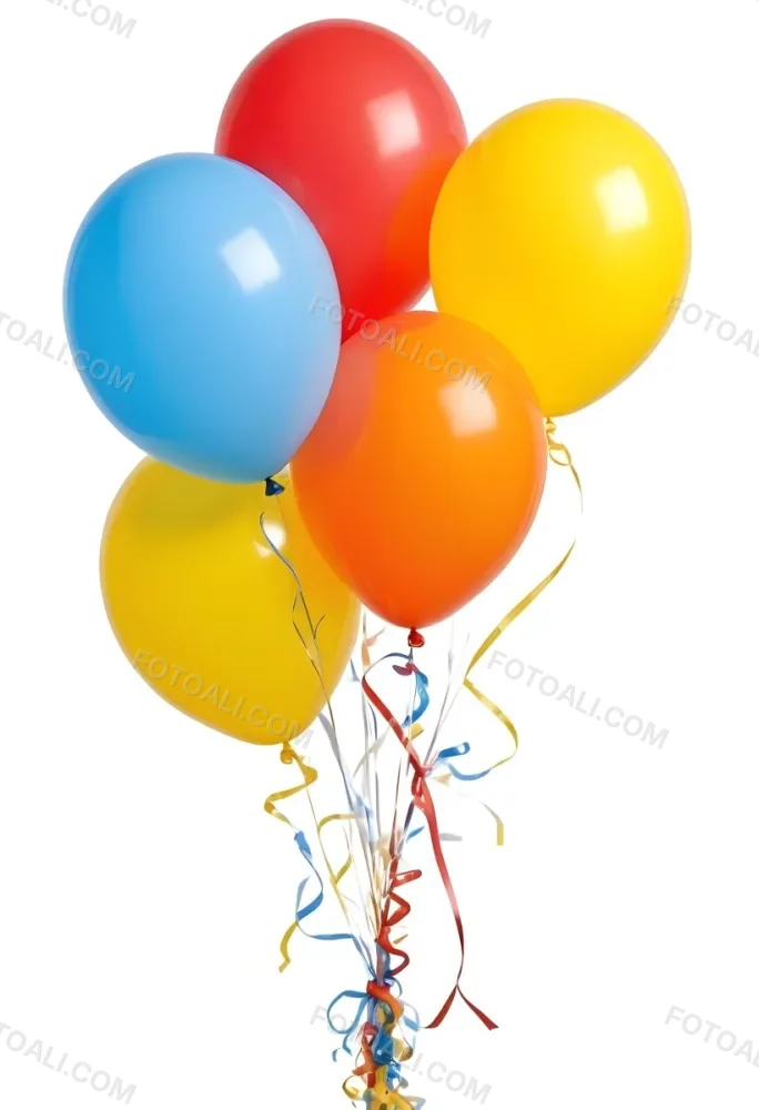 A Bunch Of Seven Balloons Of Different Colors Blue Red Yellow Orange And White With Ribbons On A White Background 14 C326