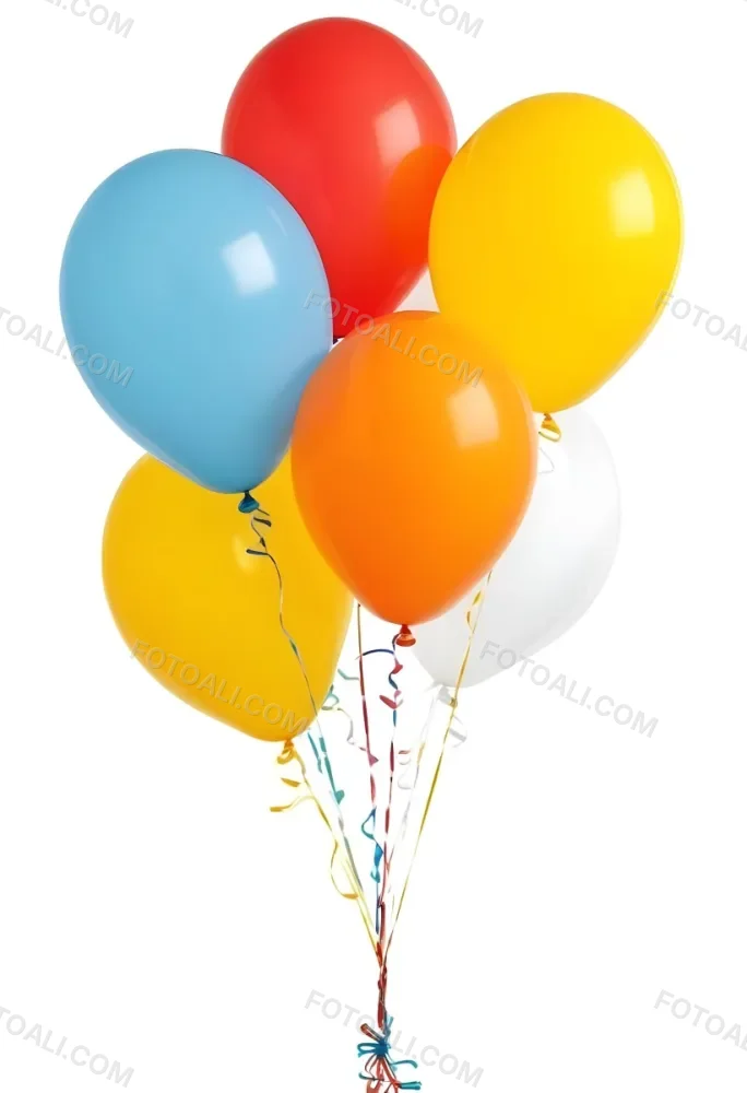 A Bunch Of Seven Balloons Of Different Colors Blue Red Yellow Orange And White With Ribbons On A White Background 2 7186