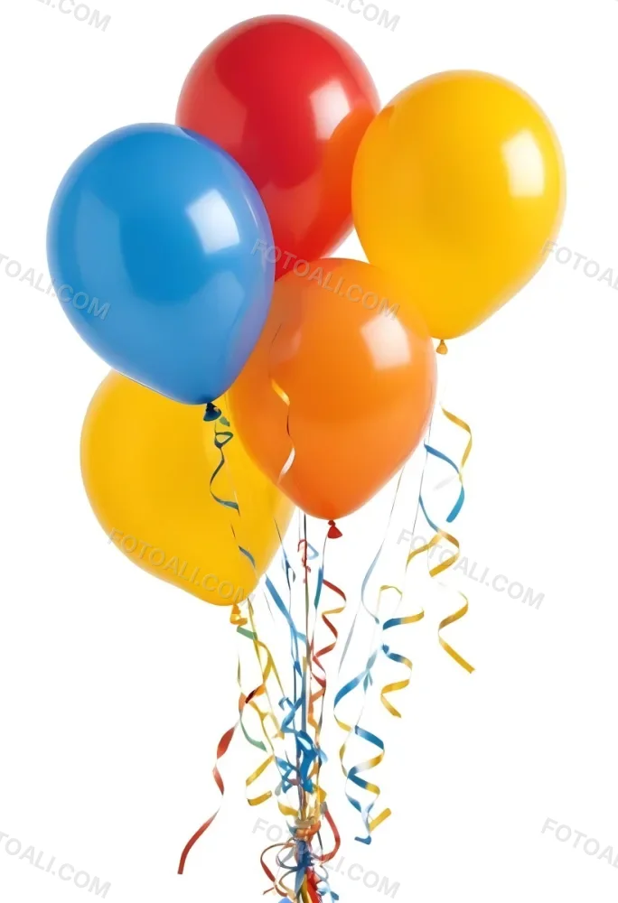 A Bunch Of Seven Balloons Of Different Colors Blue Red Yellow Orange And White With Ribbons On A White Background 23 6133