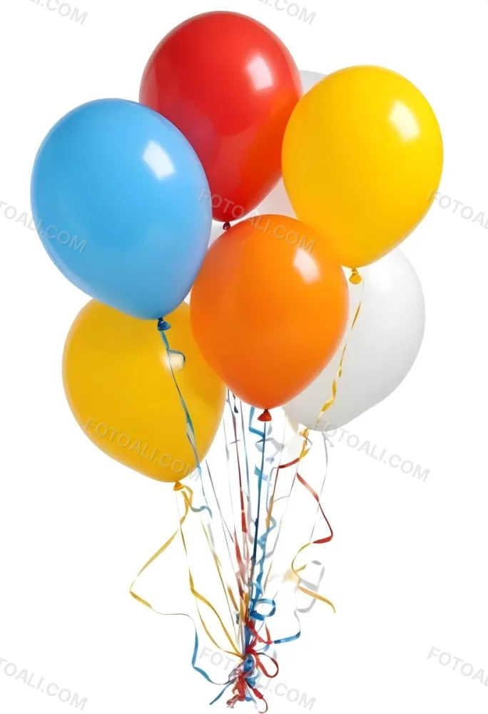 A Bunch Of Seven Balloons Of Different Colors Blue Red Yellow Orange And White With Ribbons On A White Background 28 Da66