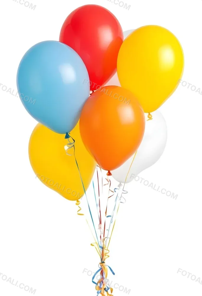 A Bunch Of Seven Balloons Of Different Colors Blue Red Yellow Orange And White With Ribbons On A White Background 29 Ae7d