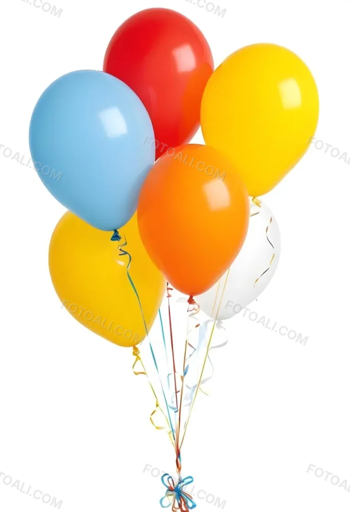 A Bunch Of Seven Balloons Of Different Colors Blue Red Yellow Orange And White With Ribbons On A White Background 3 1335