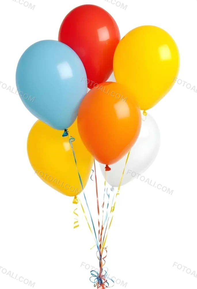 A Bunch Of Seven Balloons Of Different Colors Blue Red Yellow Orange And White With Ribbons On A White Background 8 770a