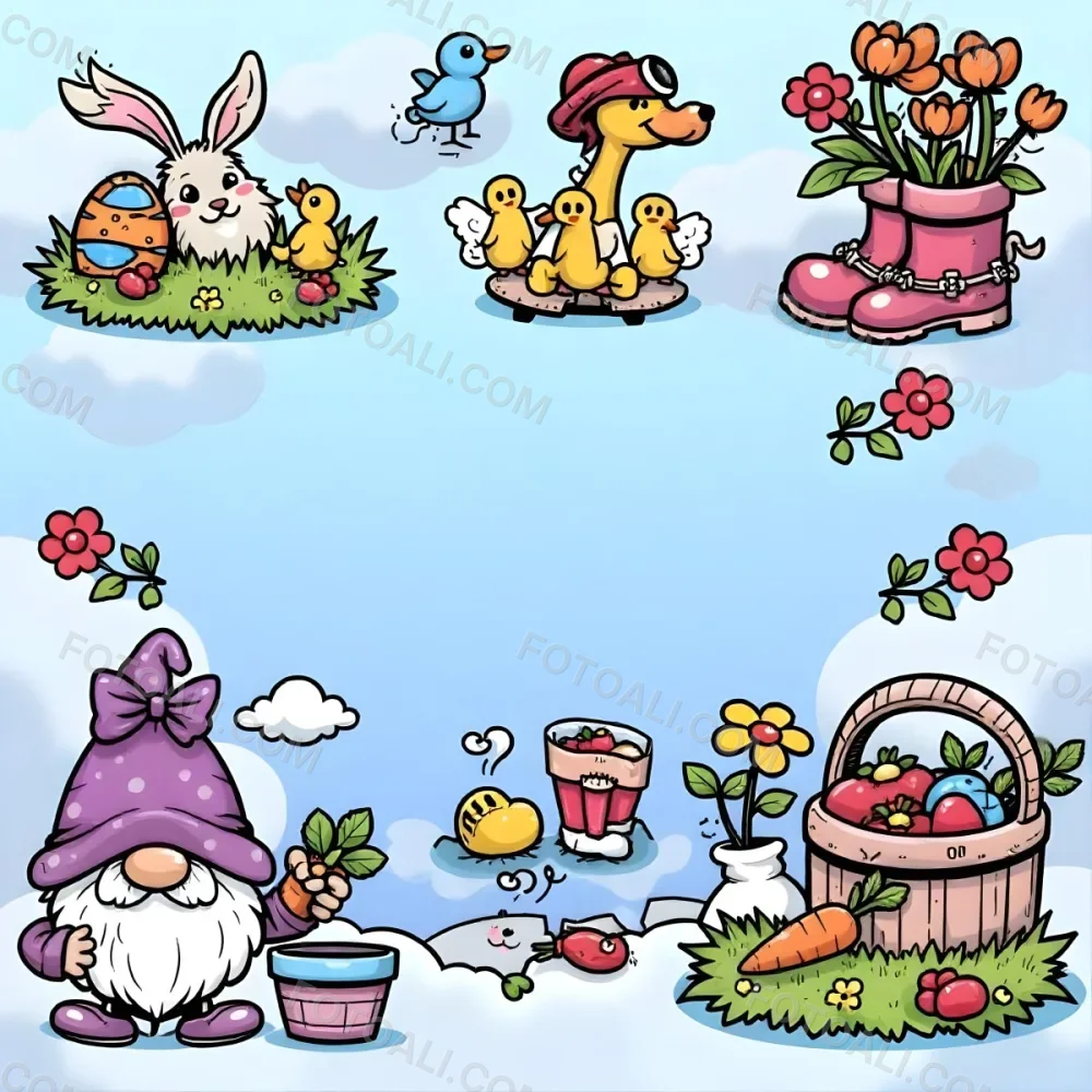 A Bunny With An Easter Egg Three Blue Ducks Flowers In A Yellow Boot A Gnome With A Carrot And A Basket With Vegetables In A Blue Sky 56 9ba8
