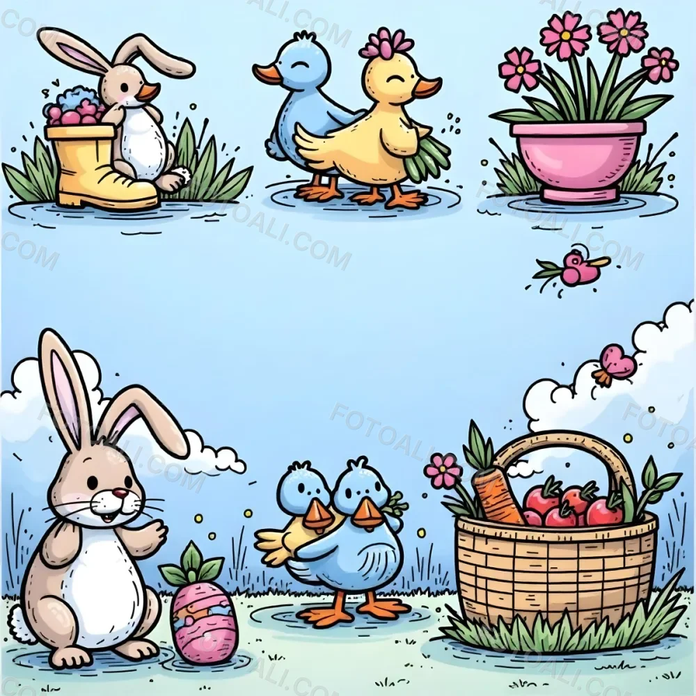 A Bunny With An Easter Egg Three Blue Ducks Flowers In A Yellow Boot A Gnome With A Carrot And A Basket With Vegetables In A Blue Sky 57 A1e8