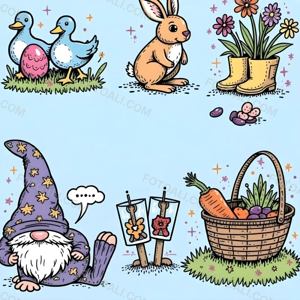 A Bunny With An Easter Egg Three Blue Ducks Flowers In A Yellow Boot A Gnome With A Carrot And A Basket With Vegetables In A Blue Sky 68 F028