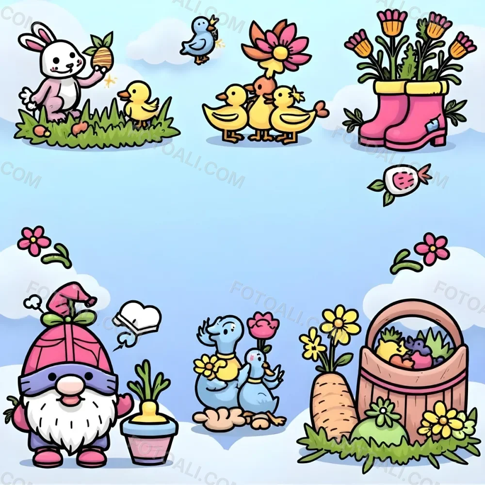 A Bunny With An Easter Egg Three Blue Ducks Flowers In A Yellow Boot A Gnome With A Carrot And A Basket With Vegetables In A Blue Sky 71 Ffaf