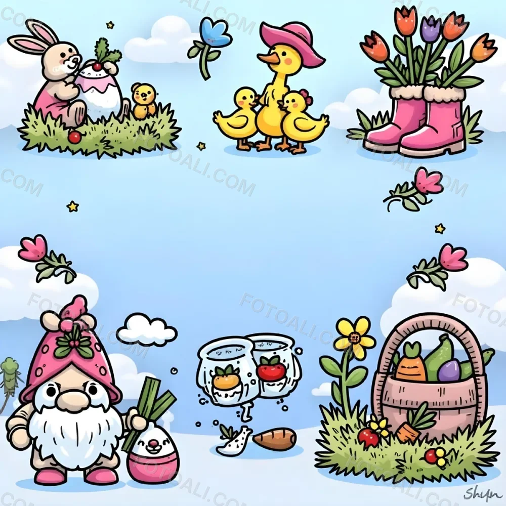 A Bunny With An Easter Egg Three Blue Ducks Flowers In A Yellow Boot A Gnome With A Carrot And A Basket With Vegetables In A Blue Sky 74 B637