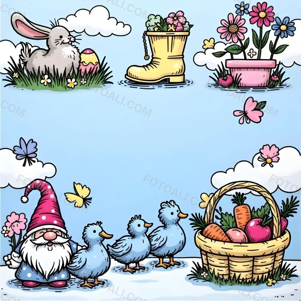 A Bunny With An Easter Egg Three Blue Ducks Flowers In A Yellow Boot A Gnome With A Carrot And A Basket With Vegetables In A Blue Sky 75 F92f