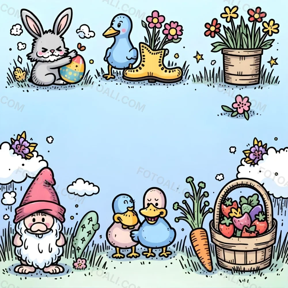 A Bunny With An Easter Egg Three Blue Ducks Flowers In A Yellow Boot A Gnome With A Carrot And A Basket With Vegetables In A Blue Sky 76 32db