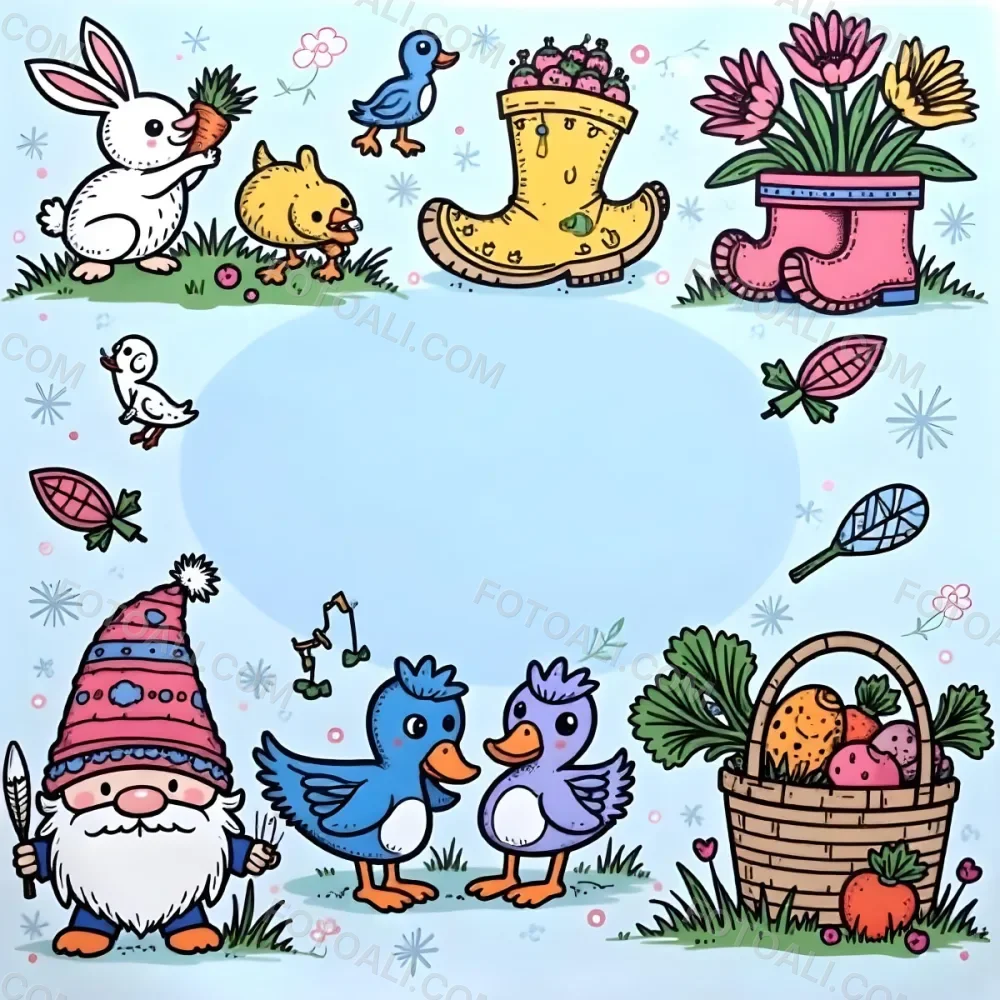 A Bunny With An Easter Egg Three Blue Ducks Flowers In A Yellow Boot A Gnome With A Carrot And A Basket With Vegetables In A Blue Sky 81 A7be