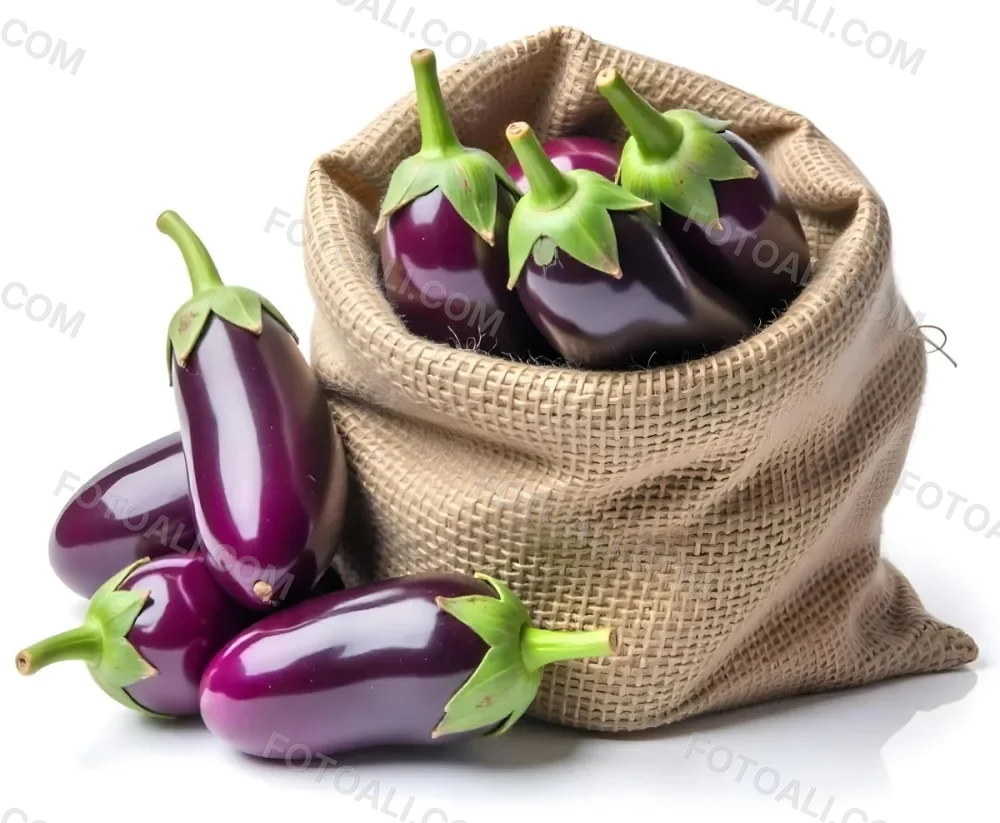 A Burlap Sack Filled With Fresh Purple Eggplants And Green Stems 1 51d7