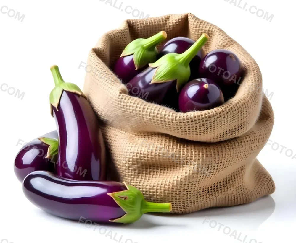 A Burlap Sack Filled With Fresh Purple Eggplants And Green Stems 11 Dfdb