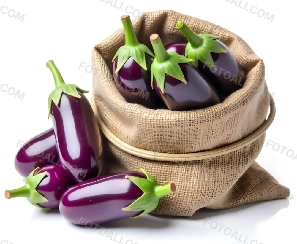 A Burlap Sack Filled With Fresh Purple Eggplants And Green Stems 15 A41f