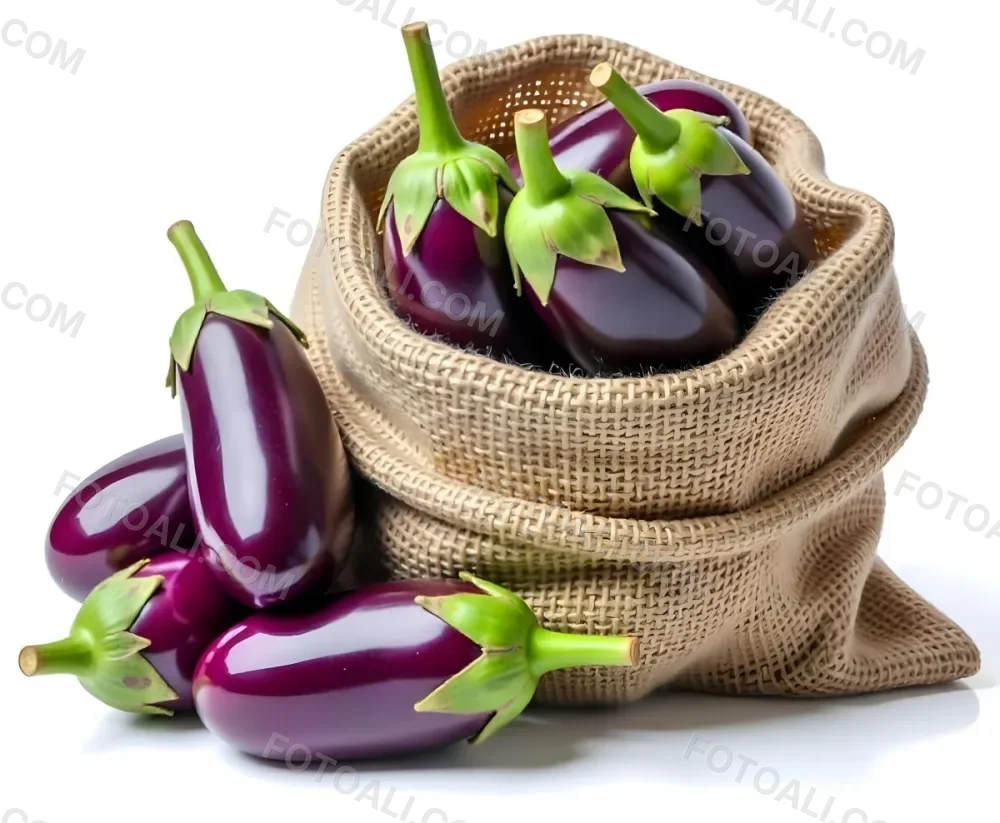 A Burlap Sack Filled With Fresh Purple Eggplants And Green Stems 16 C75f