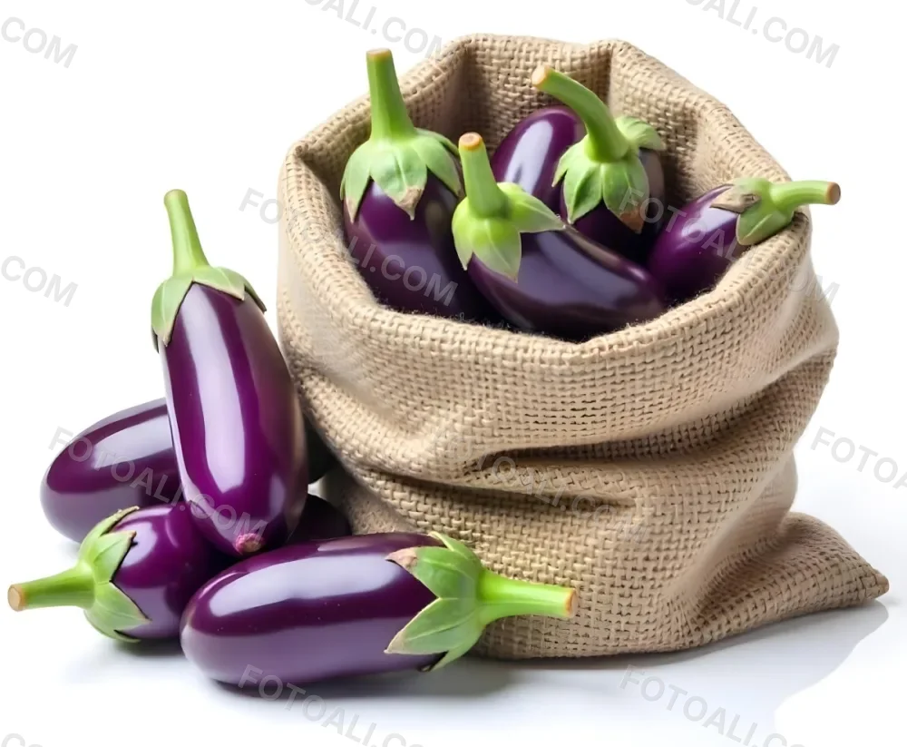 A Burlap Sack Filled With Fresh Purple Eggplants And Green Stems 3 3586